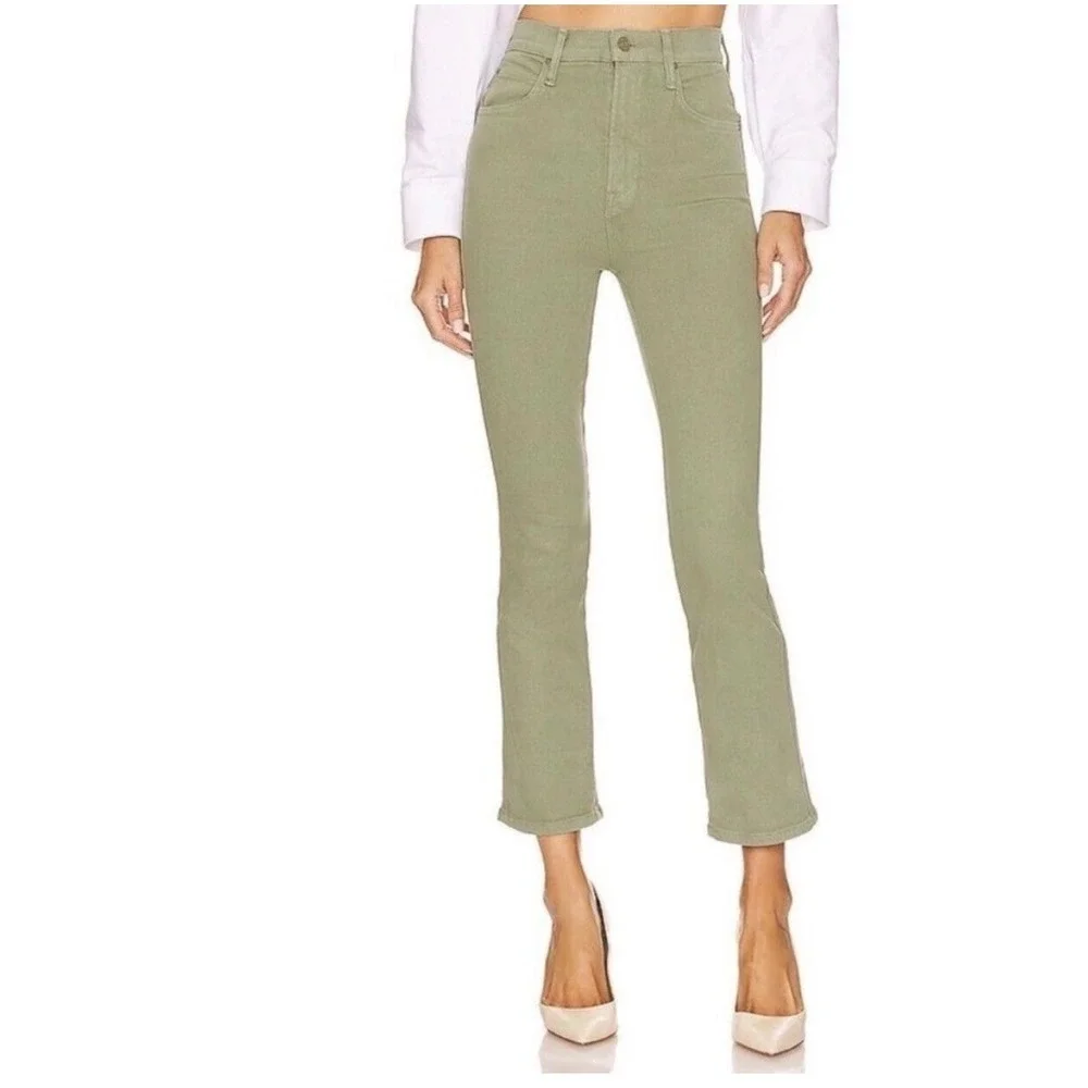 MOTHER High Waisted Smokin Double Ankle Jeans Oil Green Raw Hem Size 32